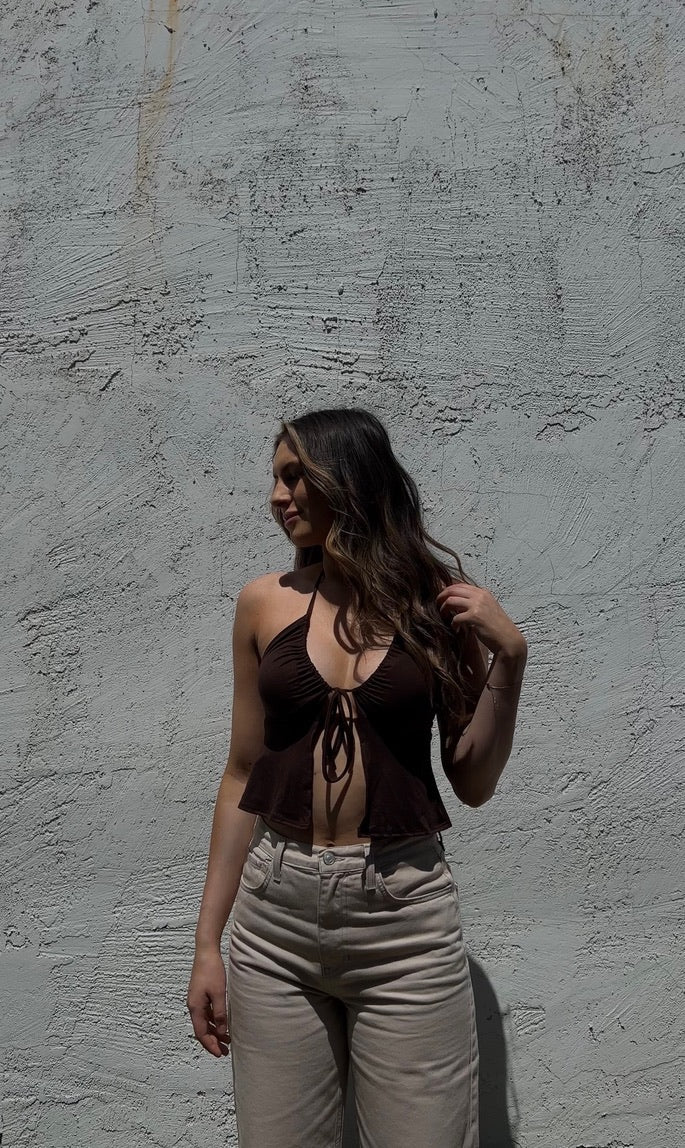 Open front tied up crop top in mocha brown