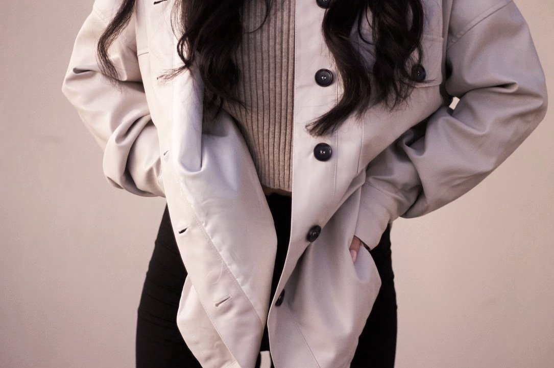 Soft, vegan leather button down jacket in beige