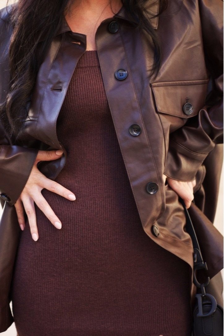 Soft, vegan leather button down jacket in brown