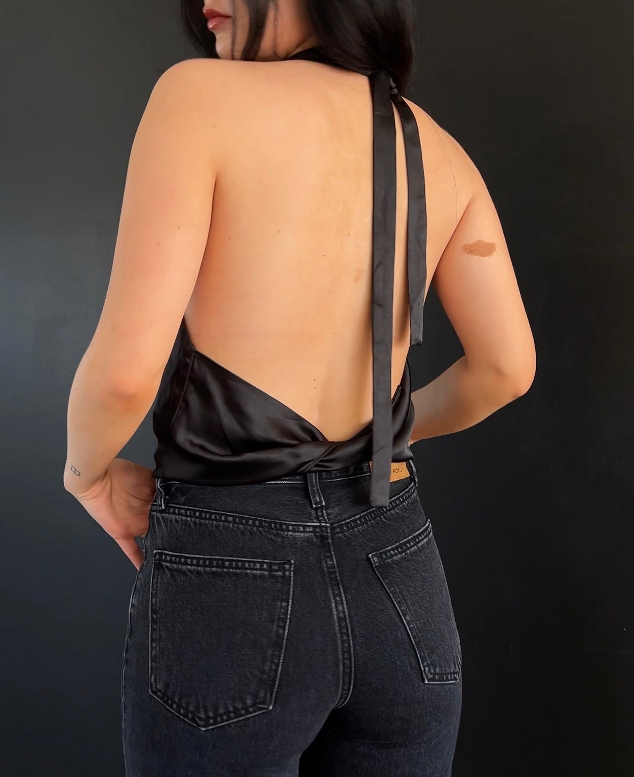 Silky cowl neck adjustable open back top in black 