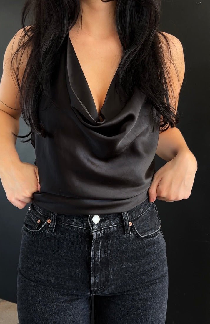 Silky cowl neck adjustable open back top in black 