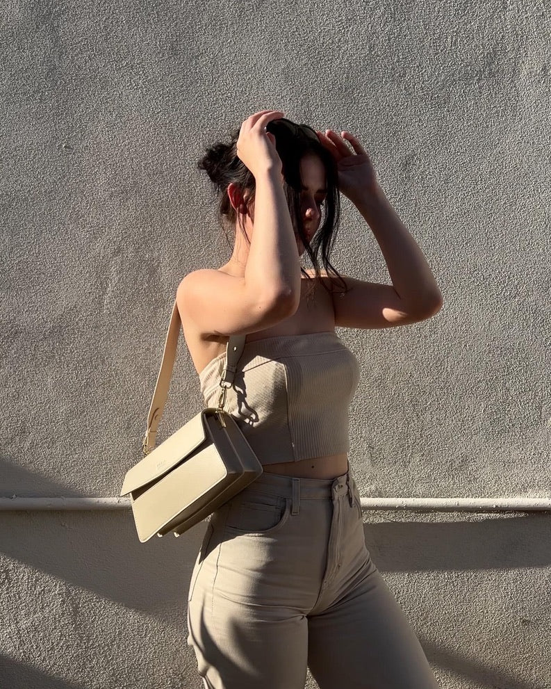 Ribbed Bandeau Crop Top in a beige color