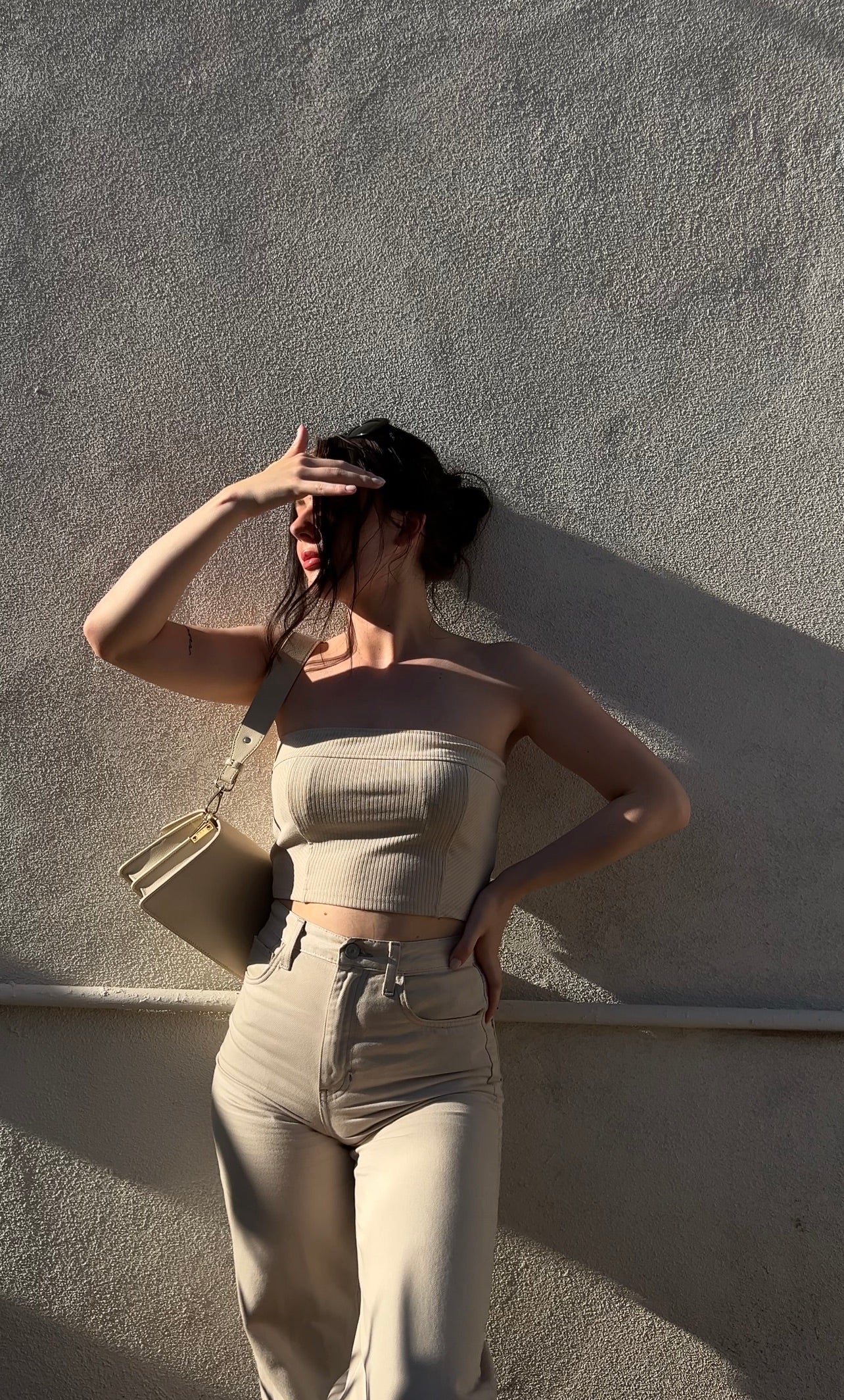 Ribbed Bandeau Crop Top in a beige color