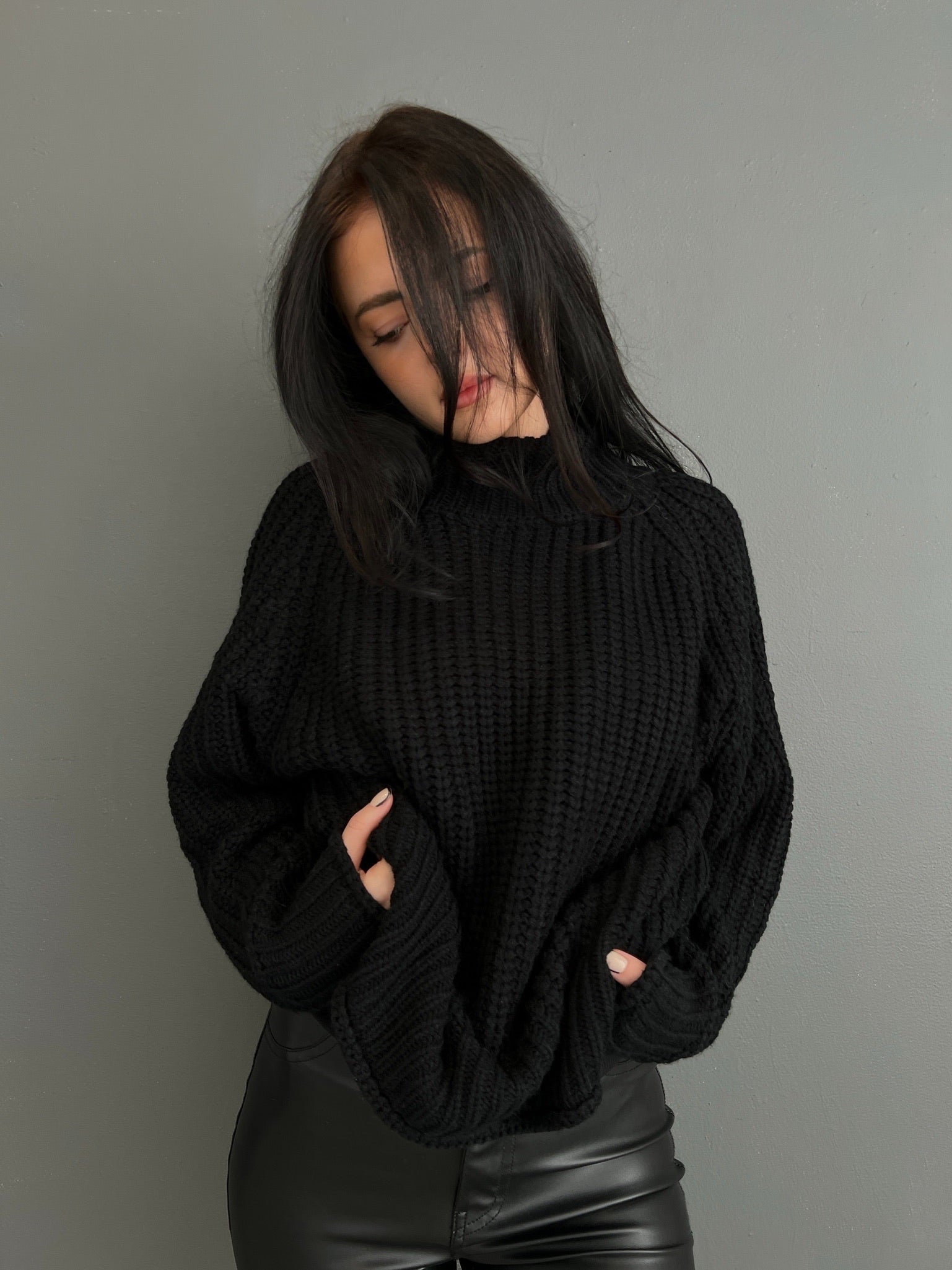 Black, chunky knit sweater