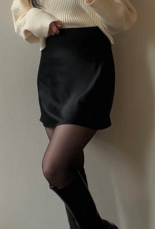 Black satin high waisted skirt