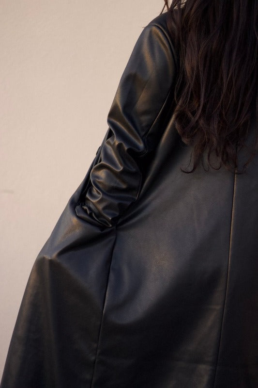 Black Faux Leather Trench Coat Outfit